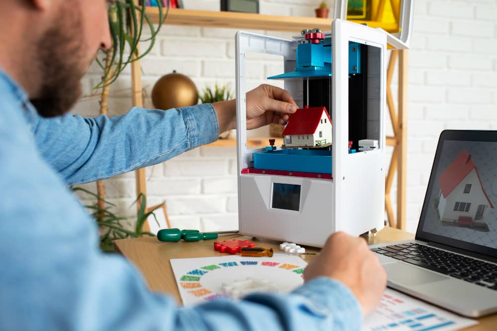 A person operates a 3D printer, creating a small architectural model of a house. The model is being placed inside the printer, and a laptop beside it displays a digital rendering of the same house